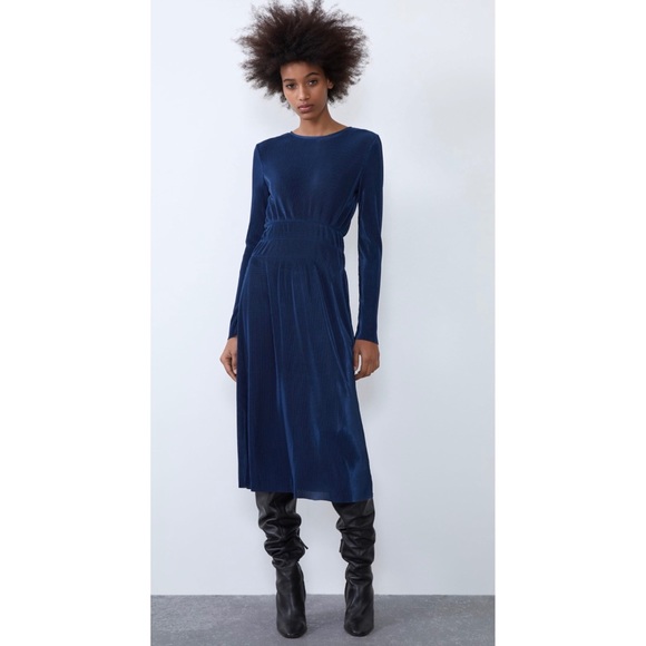 Zara Satin Navy Blue Pleated Dress - Picture 1 of 7